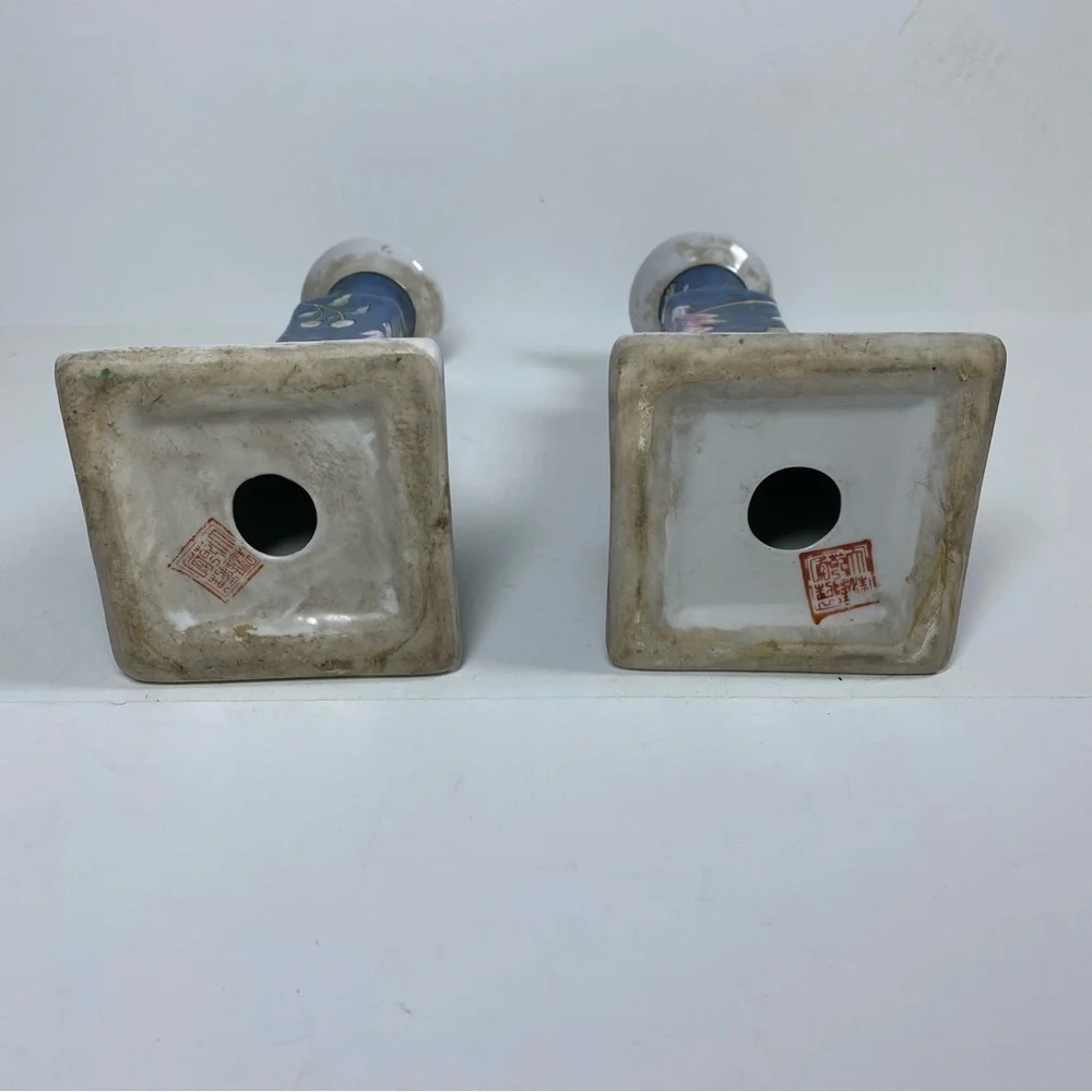 Vintage Chinoiserie Blue and White Floral Japan Ceramic Candlesticks Set of 2